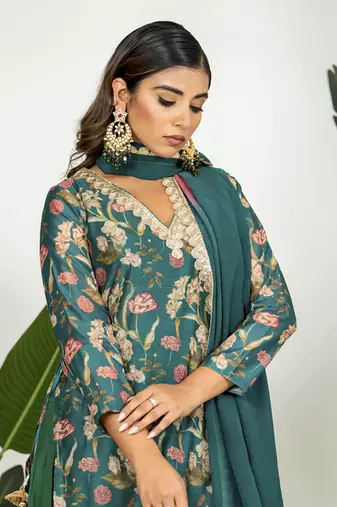 Bottle green chanderi digital floral printed kurta set
