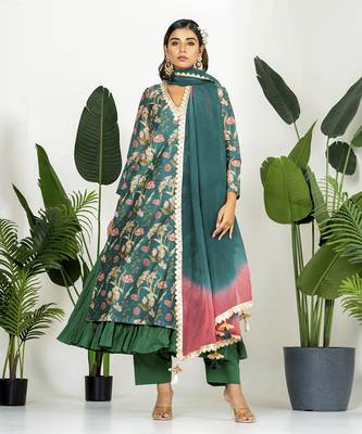 Bottle green chanderi digital floral printed kurta set 3