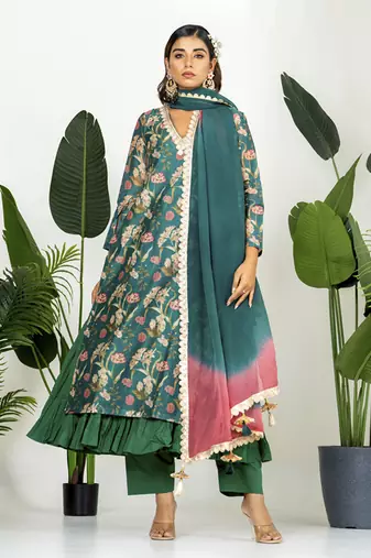 Bottle green chanderi digital floral printed kurta set