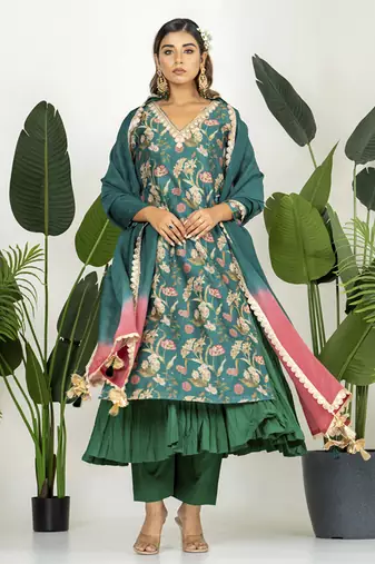 Bottle green chanderi digital floral printed kurta set