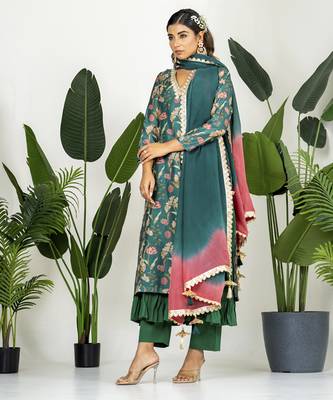 Bottle green chanderi digital floral printed kurta set 5
