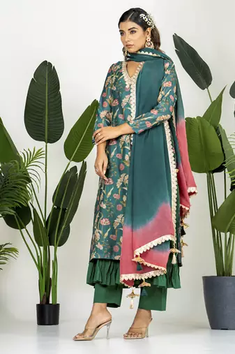 Bottle green chanderi digital floral printed kurta set