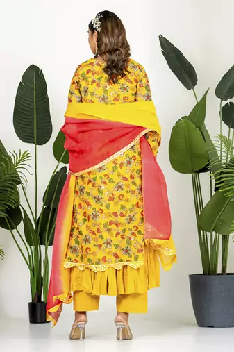 Yellow chanderi digital floral printed kurta set