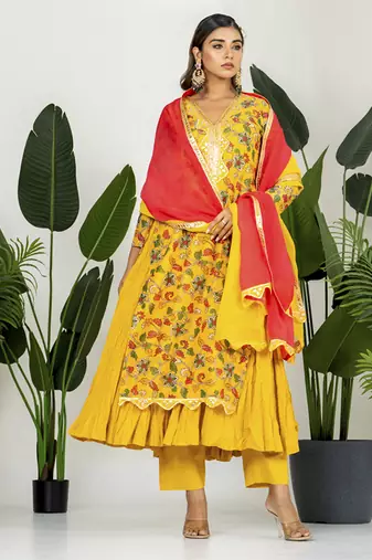 Yellow chanderi digital floral printed kurta set