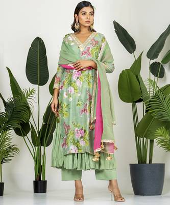 Pista green chanderi digital floral printed kurta set 1