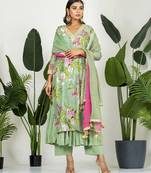 Pista green chanderi digital floral printed kurta set