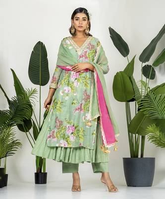 Pista green chanderi digital floral printed kurta set 2