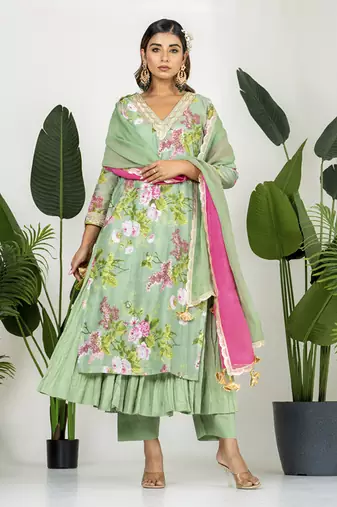Pista green chanderi digital floral printed kurta set