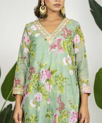 Pista green chanderi digital floral printed kurta set 3