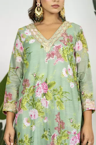 Pista green chanderi digital floral printed kurta set