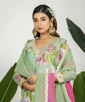 Pista green chanderi digital floral printed kurta set 4
