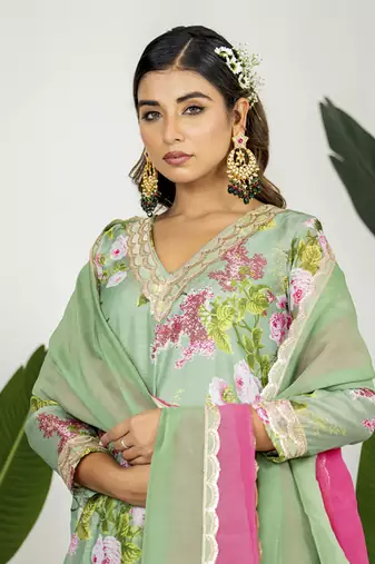 Pista green chanderi digital floral printed kurta set
