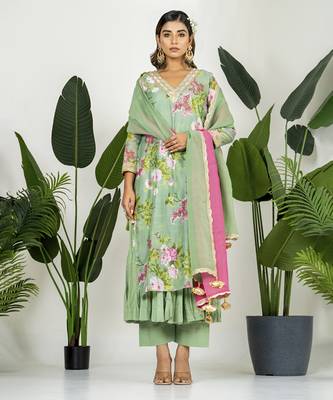 Pista green chanderi digital floral printed kurta set 5