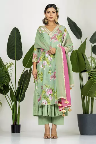 Pista green chanderi digital floral printed kurta set
