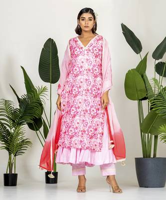 Blush pink chanderi digital floral printed kurta set 1