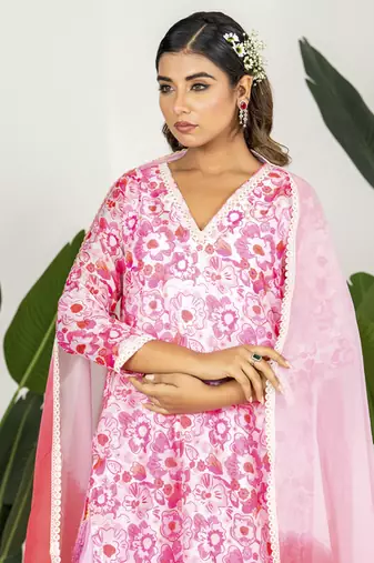 Blush pink chanderi digital floral printed kurta set