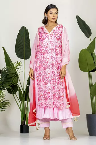 Blush pink chanderi digital floral printed kurta set