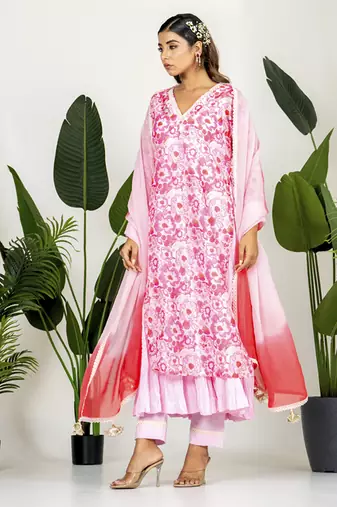Blush pink chanderi digital floral printed kurta set