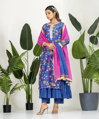 Royal blue chanderi patola digital printed kurta set 1