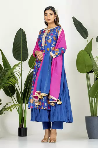 Royal blue chanderi patola digital printed kurta set