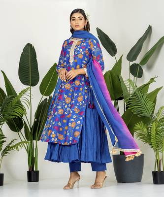 Royal blue chanderi patola digital printed kurta set 3