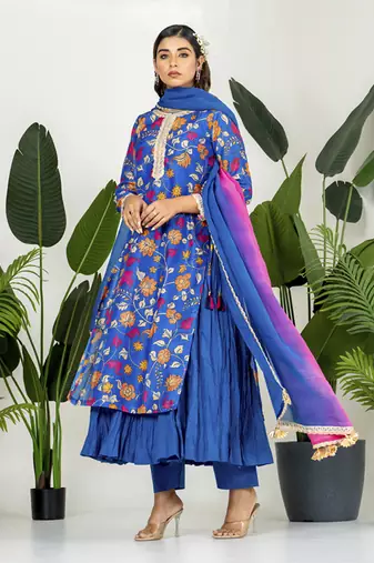 Royal blue chanderi patola digital printed kurta set