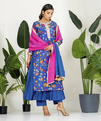 Royal blue chanderi patola digital printed kurta set 4