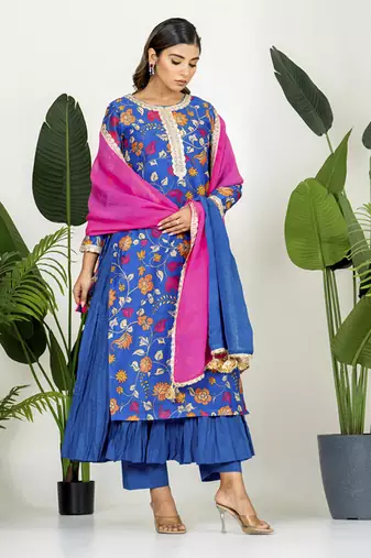Royal blue chanderi patola digital printed kurta set