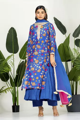 Royal blue chanderi patola digital printed kurta set