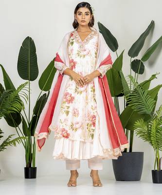 Pastel peach chanderi digital printed kurta set 1