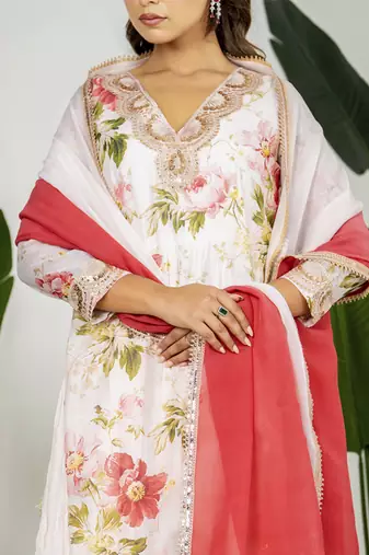 Pastel peach chanderi digital printed kurta set