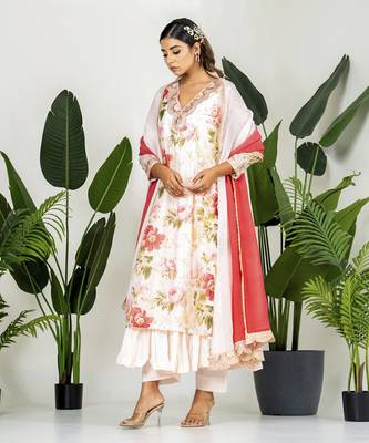 Pastel peach chanderi digital printed kurta set 3