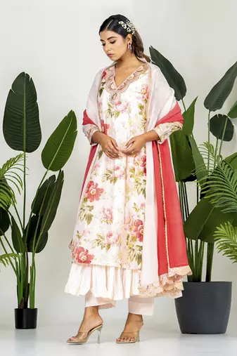 Pastel peach chanderi digital printed kurta set