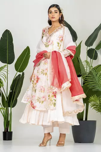 Pastel peach chanderi digital printed kurta set
