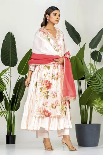 Pastel peach chanderi digital printed kurta set