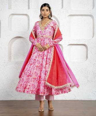 Blush pink floral printed & embroidered anarkali set 1