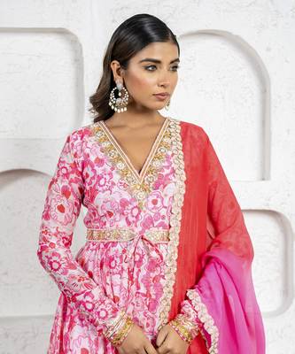 Blush pink floral printed & embroidered anarkali set 2
