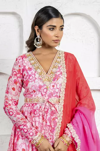 Blush pink floral printed & embroidered anarkali set