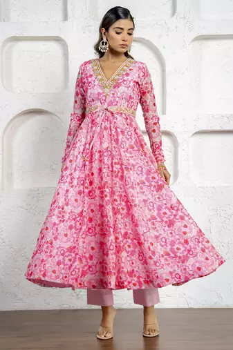 Blush pink floral printed & embroidered anarkali set