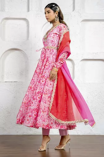 Blush pink floral printed & embroidered anarkali set