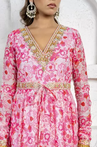 Blush pink floral printed & embroidered anarkali set
