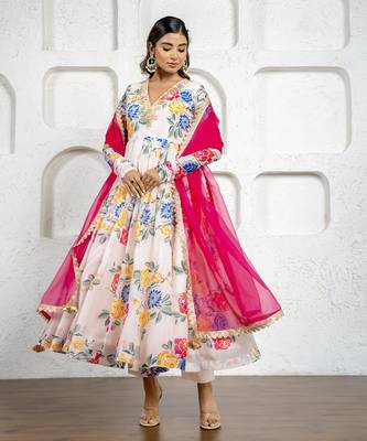 Multi-colored floral printed & embroidered anarkali set 1
