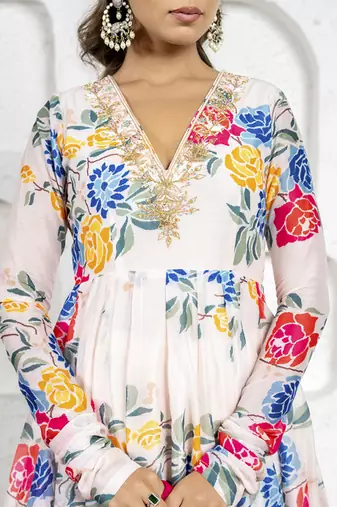 Multi-colored floral printed & embroidered anarkali set