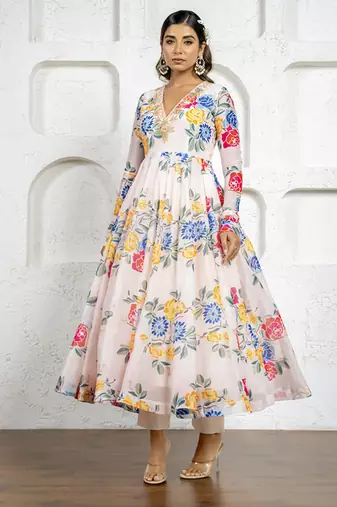 Multi-colored floral printed & embroidered anarkali set