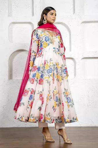 Multi-colored floral printed & embroidered anarkali set