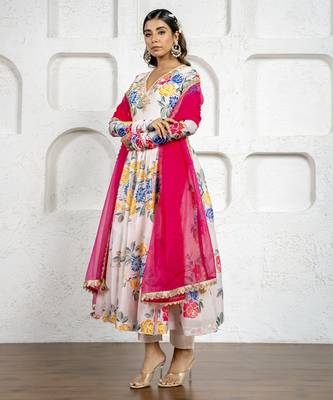 Multi-colored floral printed & embroidered anarkali set 5