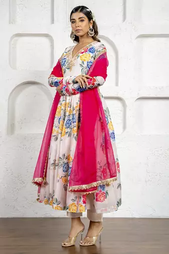 Multi-colored floral printed & embroidered anarkali set