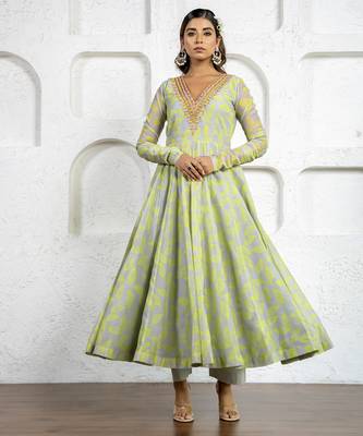 Neon green & grey chanderi floral printed anarkali set 1