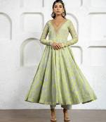 Neon green & grey chanderi floral printed anarkali set