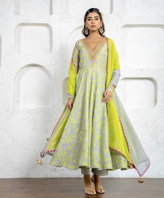 Neon green & grey chanderi floral printed anarkali set 2